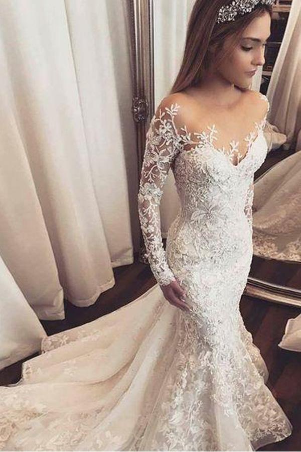 White Lace Mermaid/Trumpet Wedding Dresses Chapel Train Custom Made  Detachable Sleeves V-Neck Floor-Length Bridal Gowns